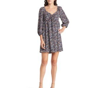 Chelsea28 Floral Long Sleeve Minidress in Navy Multi Pixel Dot
